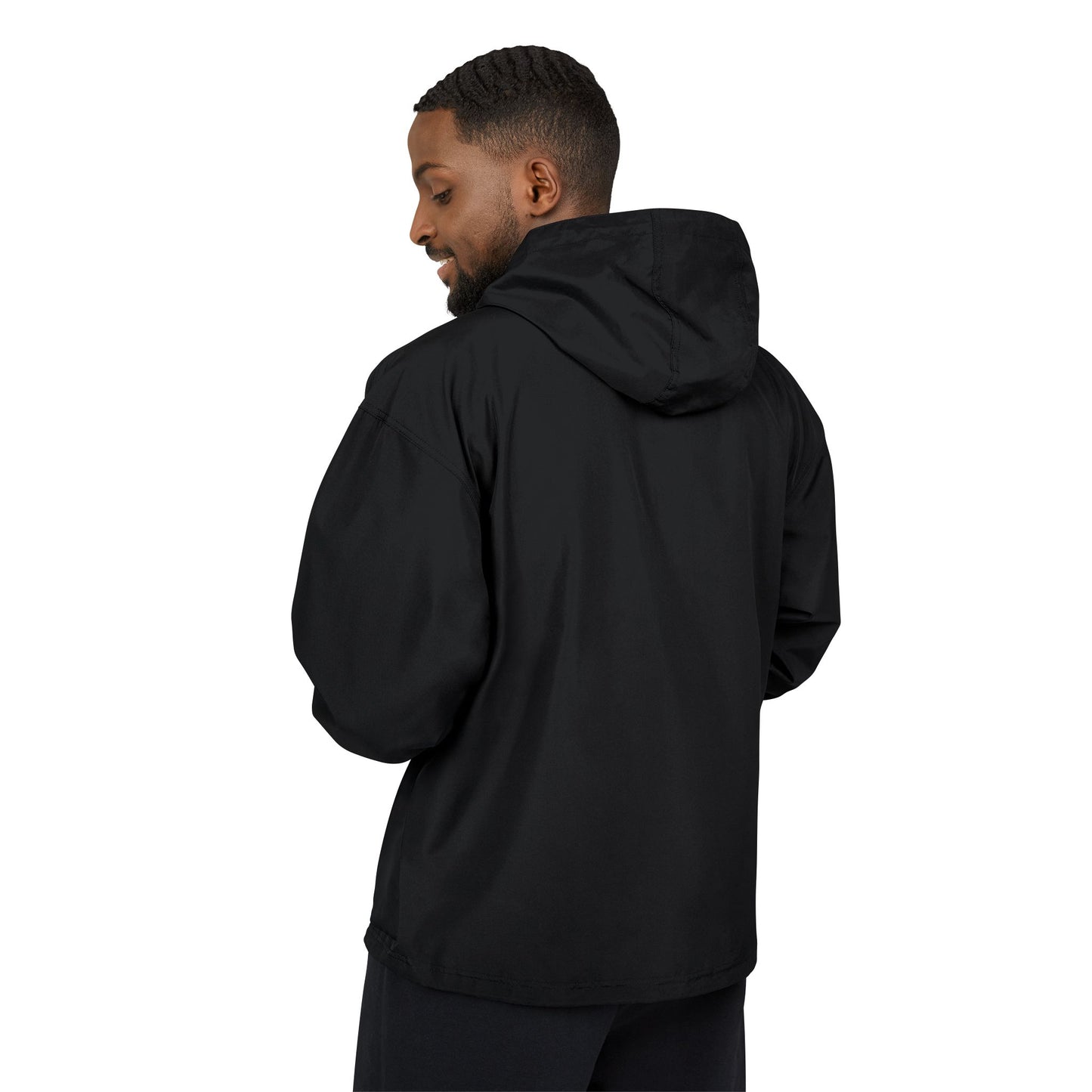 Packable Anorak Jacket — Black Lightweight Windbreaker with Small Chest Graphic