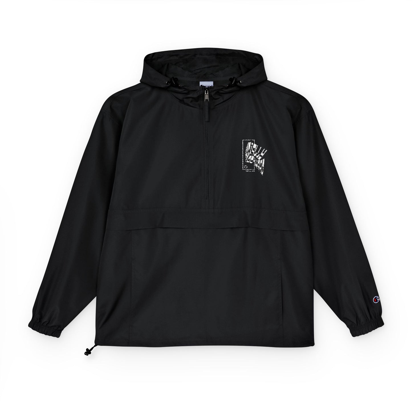 Packable Anorak Jacket — Black Lightweight Windbreaker with Small Chest Graphic