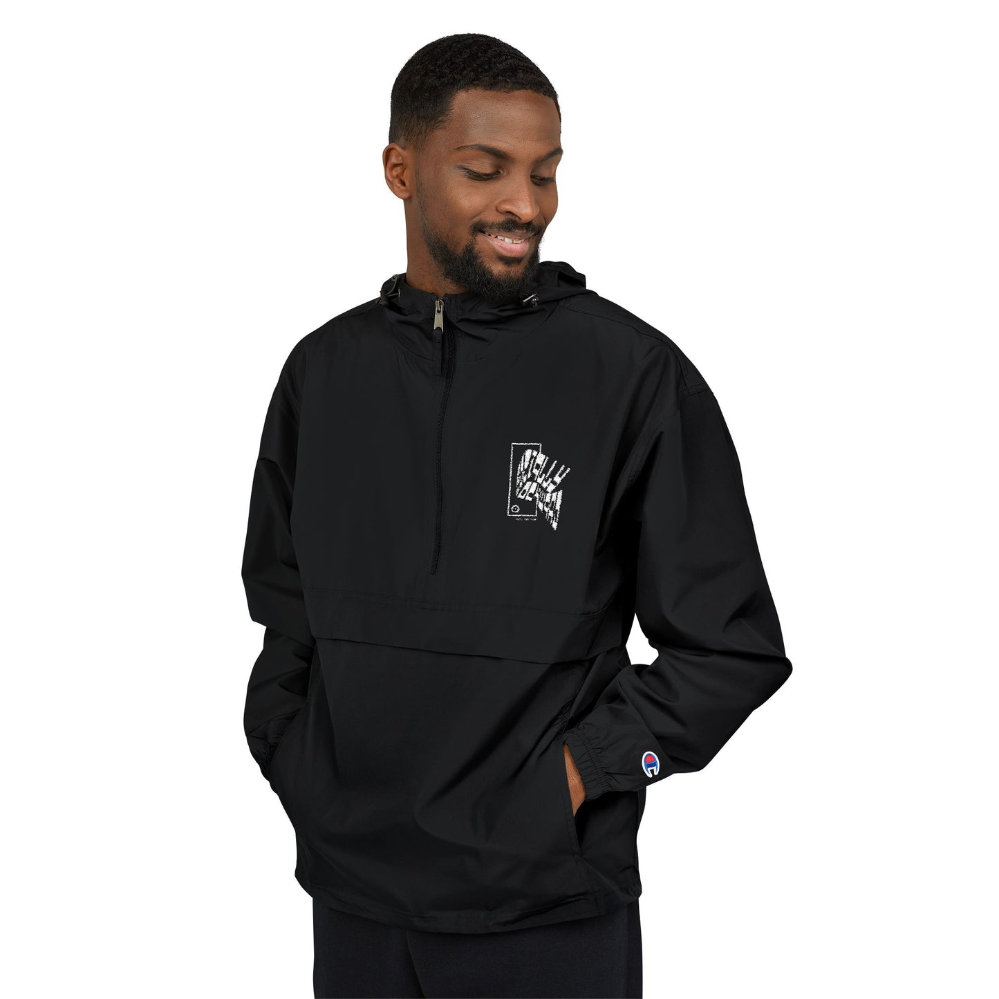 Packable Anorak Jacket — Black Lightweight Windbreaker with Small Chest Graphic